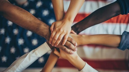 A group of diverse people holding hands in front of the American flag, representing the unity and diversity of the nation. 