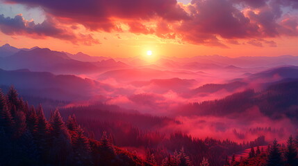 Naklejka premium Pink purple dawn over the hills. Panoramic photo of the landscape. Beautiful landscape in the misty mountains.Purple and pink sky over misty mountains silhouette