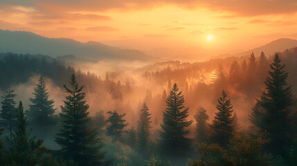 Obraz premium Beautiful landscape in the mountains at dawn. View of misty hills covered with forest. Mocha Mousse - Color of the Year 2025