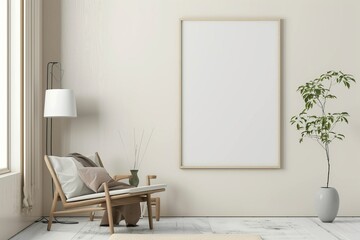Scandinavian style living room with poster mockup created with generative ai