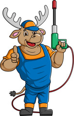 A deer cartoon mascot for car wash holding a High Pressure washer gun Jet Spray