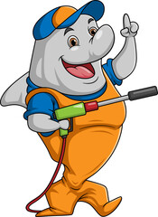 A shark cartoon mascot for car wash holding a High Pressure washer gun Jet Spray