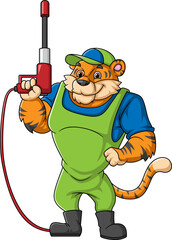 A tiger cartoon mascot for car wash holding a High Pressure washer gun Jet Spray