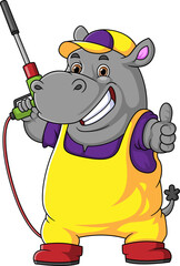 A hippo cartoon mascot for car wash holding a High Pressure washer gun Jet Spray
