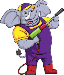 A elephant cartoon mascot for car wash holding a High Pressure washer gun Jet Spray