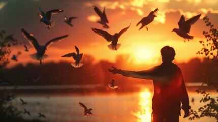 An individual in a moment of spiritual communion, freeing birds against the backdrop of a sinking sun, the scene resonating with themes of liberation and faith.