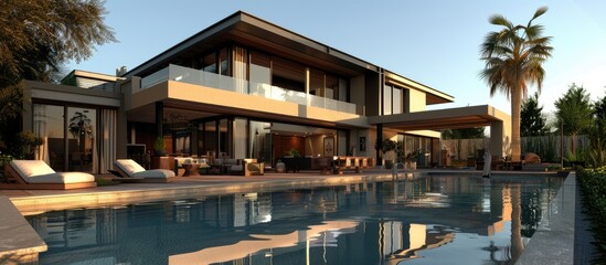 Fototapeta na wymiar Contemporary upscale villa featuring a pool.