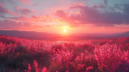 Pink purple dawn over the hills. Panoramic photo of the landscape. Beautiful landscape in the misty...