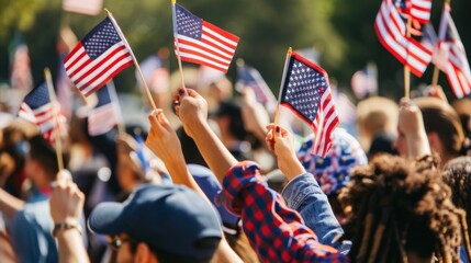 A group of volunteers waving small American flags as they participate in a community service project or charity event to support veterans or military families. 