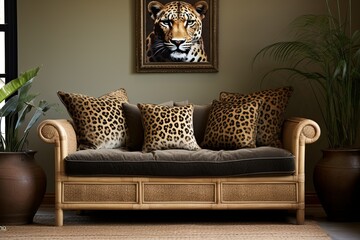 Leopard Spotted Cushions and Safari Jeep Seat Bench: A Luxe African Safari Lounge Living Room Concept