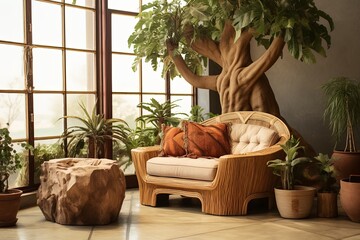 African Safari Lounge Living Room: Lion Statuette & Baobab Tree Indoor Planters Design Concept - obrazy, fototapety, plakaty