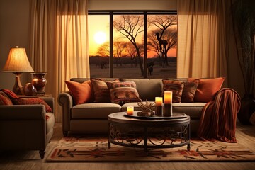 Sunset Savanna Palette Curtains and Sisal Floor Mat in African Safari Lounge Living Room - obrazy, fototapety, plakaty