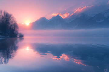 A stunning sunrise over the mountains, reflecting on calm waters, creating an enchanting and serene scene. The sky is painted in hues of pink and purple as the sun rises above snowy peaks. 