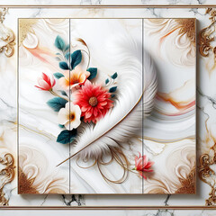 3d illustration, panel wall art, room decoration, with feather and rose flowers, wall mockup decor luxurious marble background - Generative AI