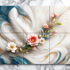 3d illustration, panel wall art, wall decoration, with feather and rose flowers, wall mockup decor luxurious marble background - Generative AI