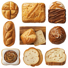 A collection of different types of bread, including a chocolate croissant