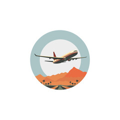 Airplane with hills landscape vector logo, jet clipart badge, isolated vector flat round illustration concept for airline, travel company or tourism destination