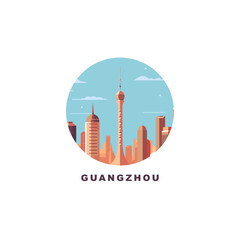 Guangzhou cityscape, vector badge, flat skyline logo, icon. China metropolitan city round emblem idea with landmarks and building silhouettes. Isolated graphic