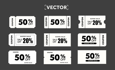 Special set of coupons template in black and white for printing with coupon code, percentage off. Voucher icon set, isolated on dark background. Coupon code set. Vector illustration. Vector