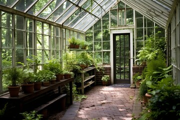 Fototapeta na wymiar Antique Greenhouse Conservatory Designs: Whitewashed Brick Paths & Hanging Moss Magic