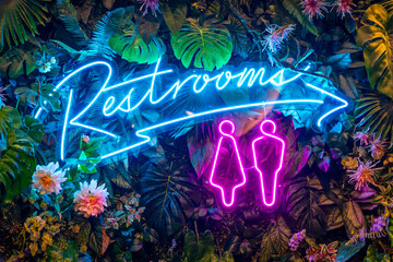 Neon inscription blue and purple restrooms on a background of tropical leaves of flowers plants