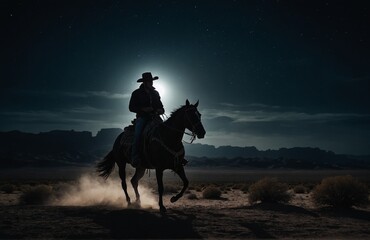 cowboy riding horse at night