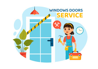 Windows and Doors Installation Service Vector Illustration with Worker for Home Repair and Renovation use Tools in Flat Kids Cartoon Background Design