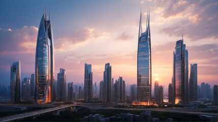Obraz premium n the dimly-lit cityscape, towering skyscrapers stand as sharp silhouettes against a fiery sunset