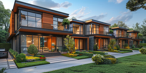 3D rendering of modern townhouses with wooden cladding and glass windows, surrounded by green lawns. Created with Ai