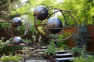 Fototapeta na wymiar Asymmetrical Trellises and Metal Orb Accents: Avant-Garde Sculpture Garden Inspiration