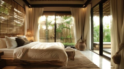 In a tranquil bedroom a lush bamboo wall panel adds texture and interest to the space. The panels...