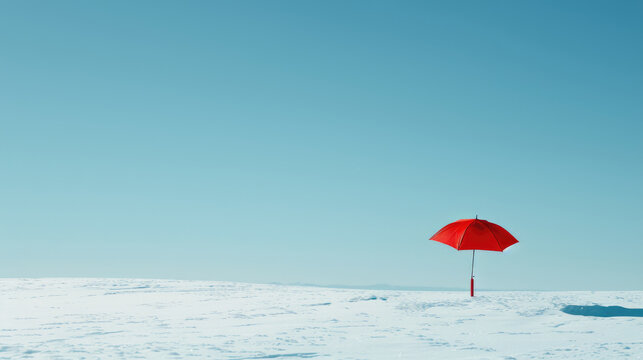 A bright red umbrella hovers over a white snowy field under a bright blue sky
