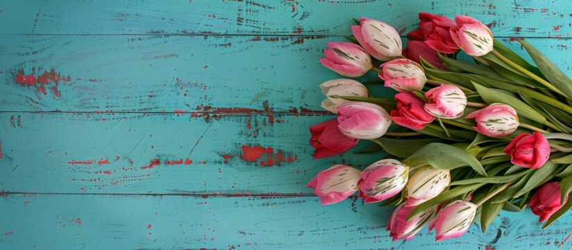 Tulip arrangement displayed on a distressed turquoise wooden surface. Features spring blooms suitable for Valentine's Day and Mother's Day. Viewed from above.
