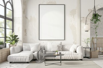 Scandinavian style living room with poster mockup created with generative ai