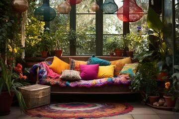 Boho Gypsy Caravan Patio: Vibrant Bohemian Cushions & Enchanting Gypsy Outdoor Decor - obrazy, fototapety, plakaty
