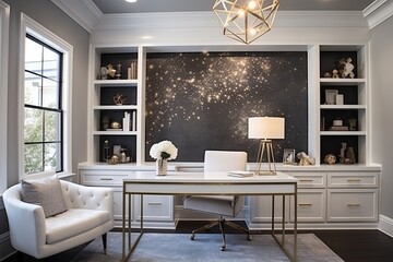 Constellation Chic: Celestial Observatory Home Office with White Furniture & Modern Lighting - obrazy, fototapety, plakaty