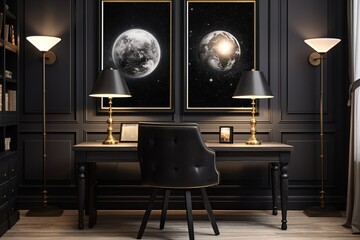Space Dreams: Celestial Observatory Home Office Concepts with Black and White Decor and Adjustable Desk