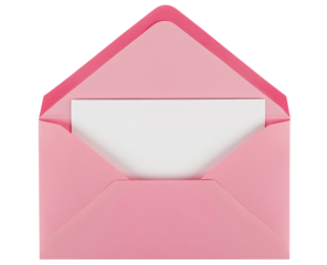 Pink envelope with blank white paper isolated on transparent background