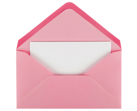 Pink envelope with blank white paper isolated on transparent background