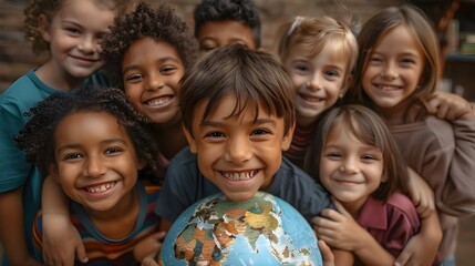 Happy diverse school children holding a globe together, multiethnic kids boy and girl smiling for group portrait, world children's day concept.