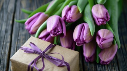A thoughtful Mother s Day present of purple tulips and a little gift - obrazy, fototapety, plakaty