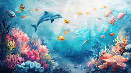 Fototapeta na wymiar Depths of Water Colours: a watercolour portrait of underwater world, where play of colours creates the illusion of diving into the depths of the ocean, home to mysterious creatures and amazing plants.