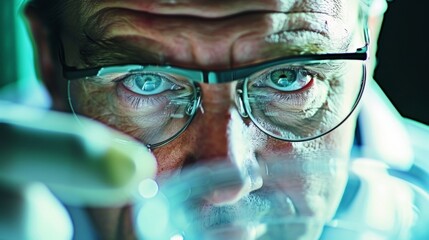 A portrait of a scientist peering closely at a petri dish their brow furrowed in concentration as they meticulously conduct experiments and trials in the pursuit of medical breakthroughs. . - obrazy, fototapety, plakaty