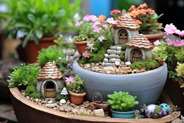 Thimble Planter Magic: Enchanted Fairy Garden Patio Concepts with Fairy Dust Sprinkles - obrazy, fototapety, plakaty
