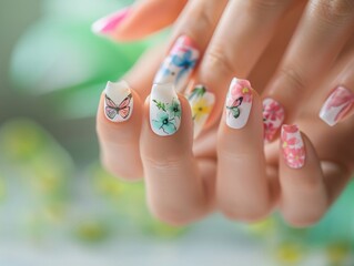 Sustainable Beauty in Focus: Young Asian Woman at Eco-Friendly Salon with Butterfly Nail Art