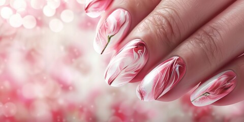 Elegant Nail Art Design Showcasing Cloud and Tulip Patterns with Artistic Blurred Background