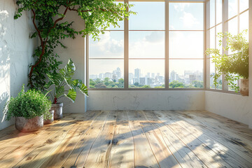 A large empty room with a wooden floor, white walls and windows overlooking the city. The sun shines through the window onto an indoor garden of green plants. Created with Ai