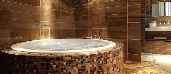 Circular bathtub in an upscale tiled bathroom setting - obrazy, fototapety, plakaty