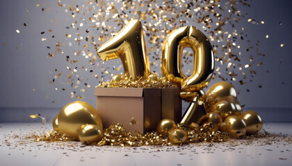 gold birthday 3D surprise 10th box  balloon Rendering confetti Happy celebration background 