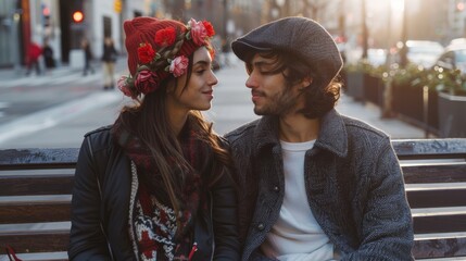 Fototapeta premium Sunset Romance in the City: Young Multiracial Couple with Trendy Haircuts on Valentine’s Day